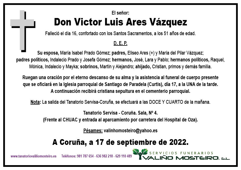 Esquela de Víctor Luís Ares Vázquez.